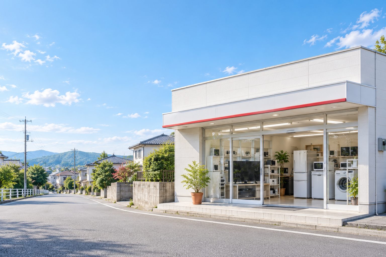 朝の光が差す、住宅街の小さな電器店の店先