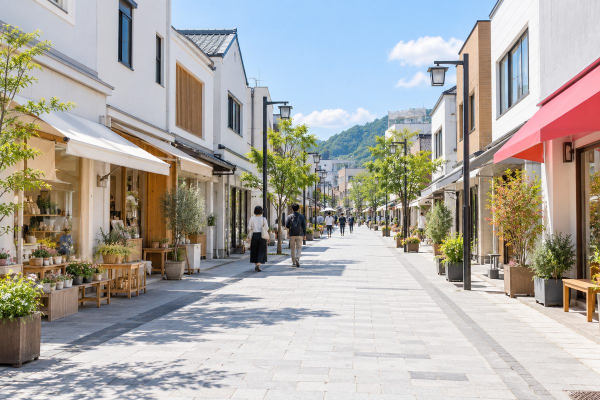 晴れた午後の、落ち着いた商店街の風景