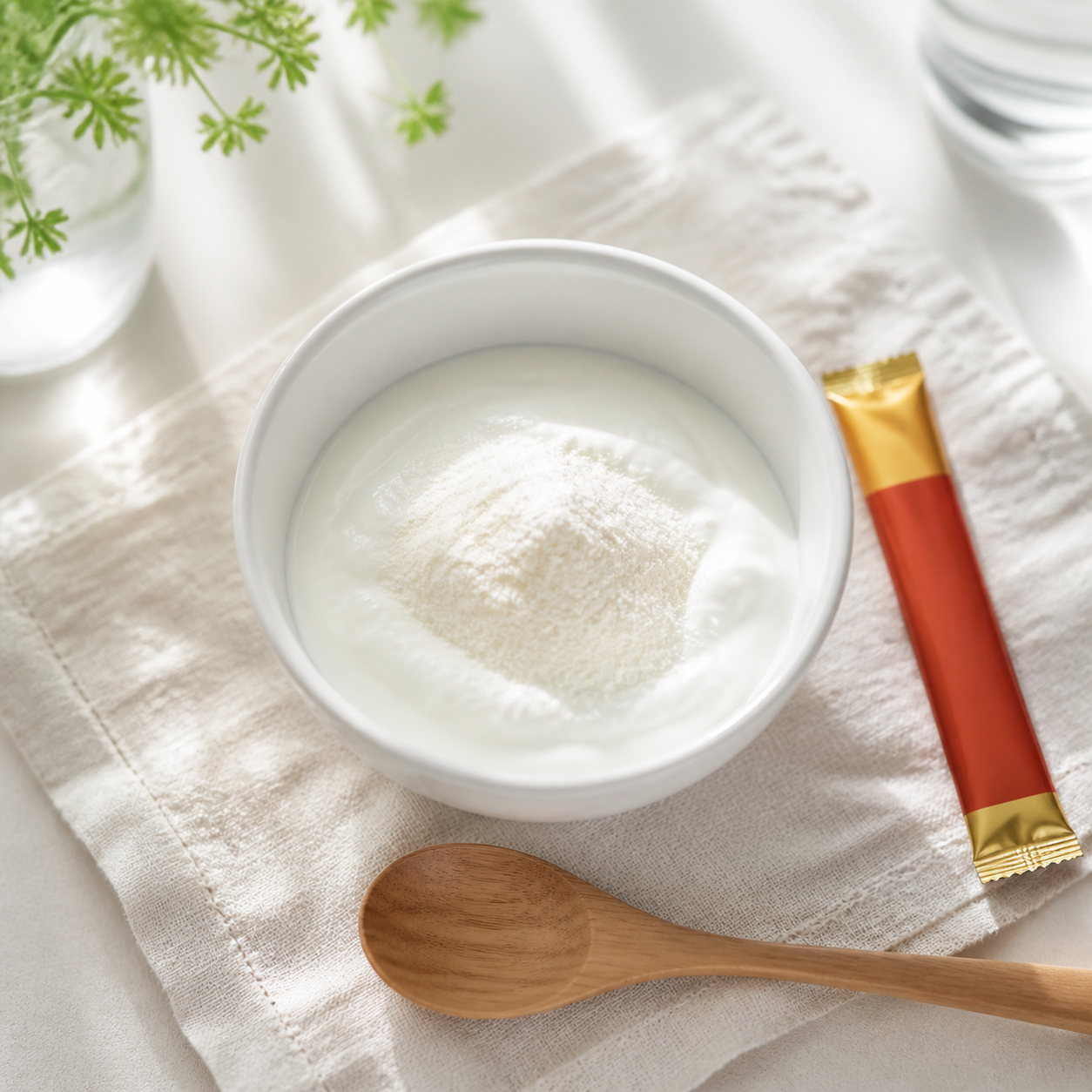ヨーグルトにアリメーゼをふりかけた朝の食卓